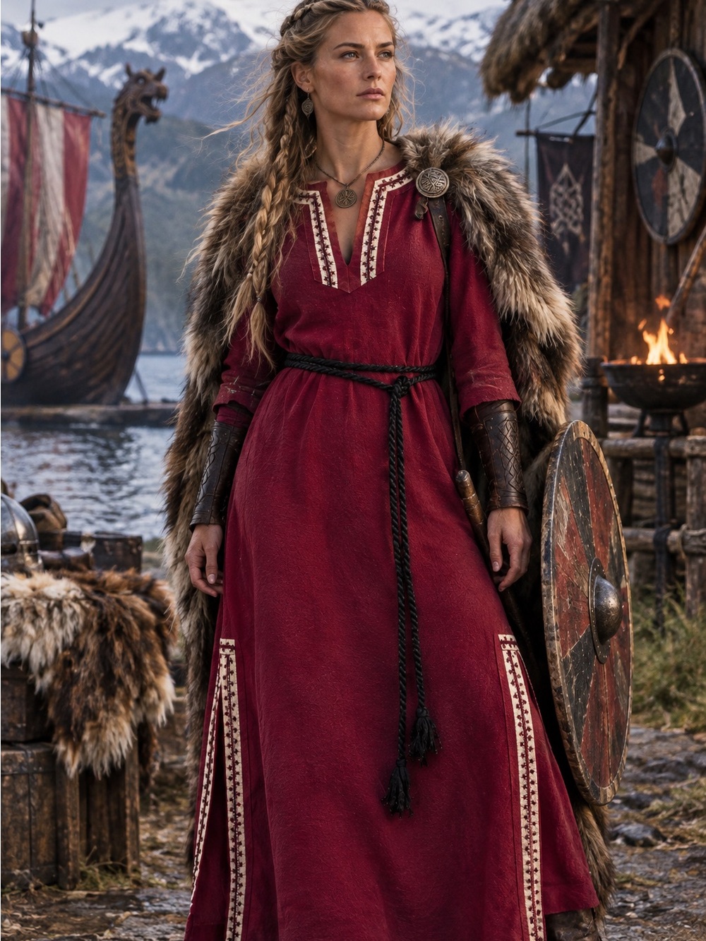 Burgundy Maxi Dress Kaftan Costume Cosplay Medival Viking Festival Renaissance